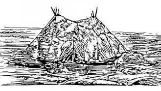 Obr. 2: Primitivní chýše člověka (40 000&ndash;10 000 př. n. l.)